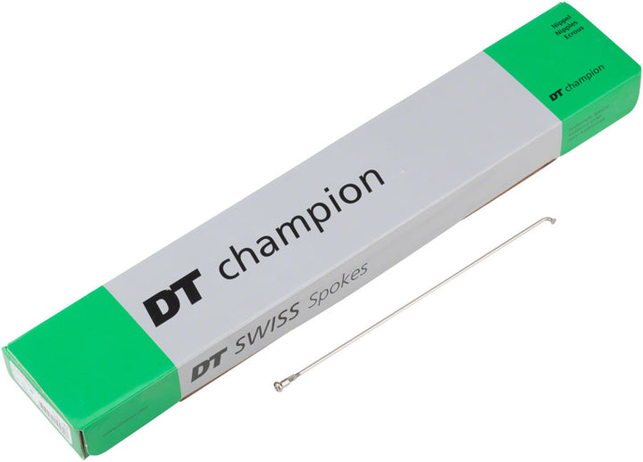 Radios DT Swiss Champion: 2,0 mm, 172 mm, curva en J, color plata, caja de 100 unidades