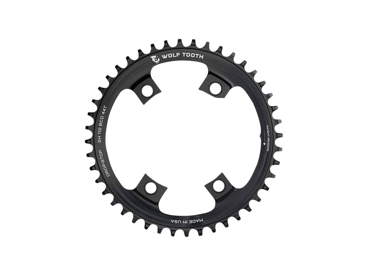 Plato Wolf Tooth Shimano 110 BCD asimétrico - 44 dientes, 110 BCD asimétrico, 4 tornillos, tope de caída para bielas Shimano, color negro