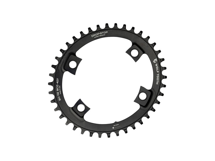 Plato elíptico Wolf Tooth Shimano 110 BCD asimétrico - 40 dientes, 110 BCD asimétrico, 4 tornillos, tope de caída para bielas Shimano (negro)