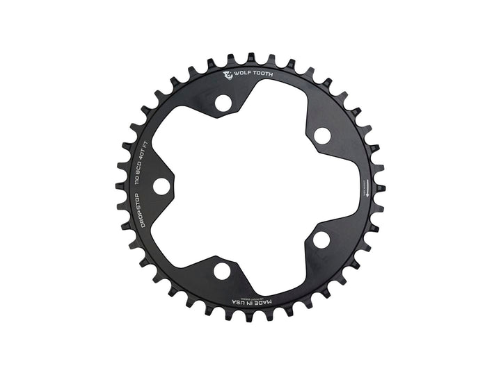 Plato Wolf Tooth para ciclocross de carretera (110 BCD, 40 dientes, 110 BCD, 5 tornillos, tope abatible, 10/11/12 velocidades, compatible con Eagle Flattop), color negro