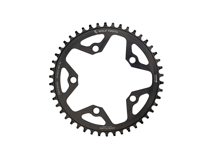 Plato Wolf Tooth para ciclocross de carretera (110 BCD, 46 dientes, 110 BCD, 5 tornillos, tope abatible, 10/11/12 velocidades, compatible con Eagle Flattop), color negro