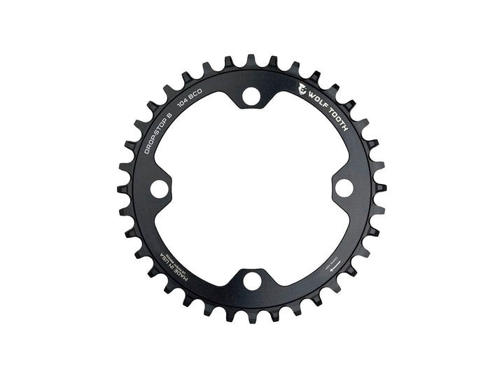 Plato Wolf Tooth 104 BCD - 34 dientes, 104 BCD, 4 tornillos, Drop-Stop B, negro