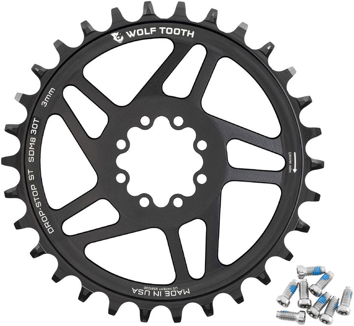 Wolf Tooth Direct Mount Chainring - 30t SRAM 8-Bolt Direct Mount 3mm Offset Drop-Stop ST Requires 12-Speed HG+ Chain Black